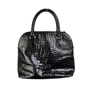Talbots Handbag Womens Black Faux Crocodile Skin Gold Trim Old Money Classic